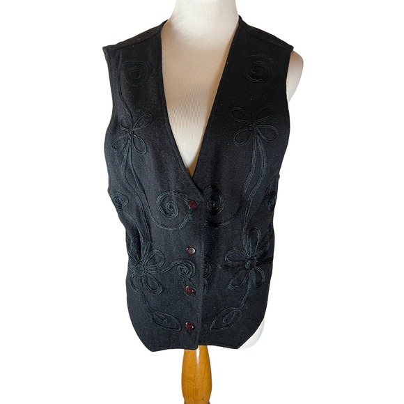BODY XPRESSIONS Vintage Black Embroidered Wool Blend Vest Women's Size L - Picture 1 of 7